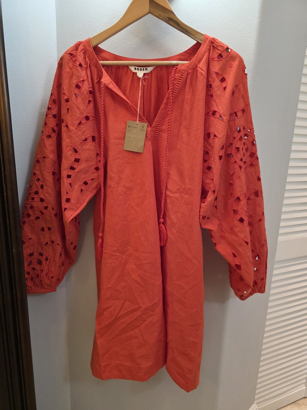 NWT Boden Red/Dark Orange Eyelet Sleeve Linen Mini Dress Cotton Size 4R